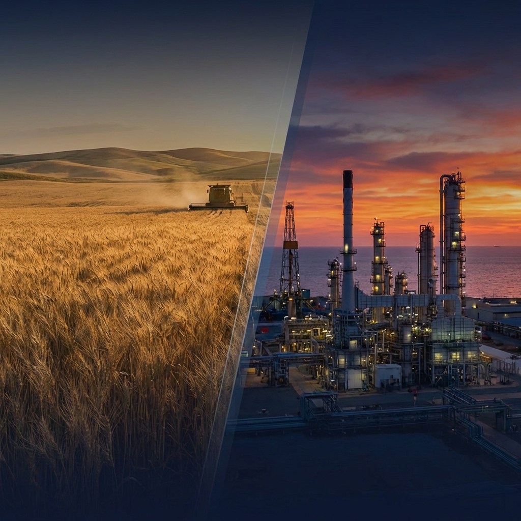 Agricultural fields and oil refinery collage